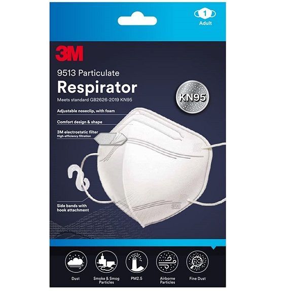3M 9513 Respirator KN95 Comfort Design Face Mask - White, 1pcs 2025@200g